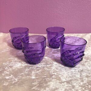 Purple Cute 4pc Plastic Set of Halloween Party Shot Glasses * Skeleton Hands GUC